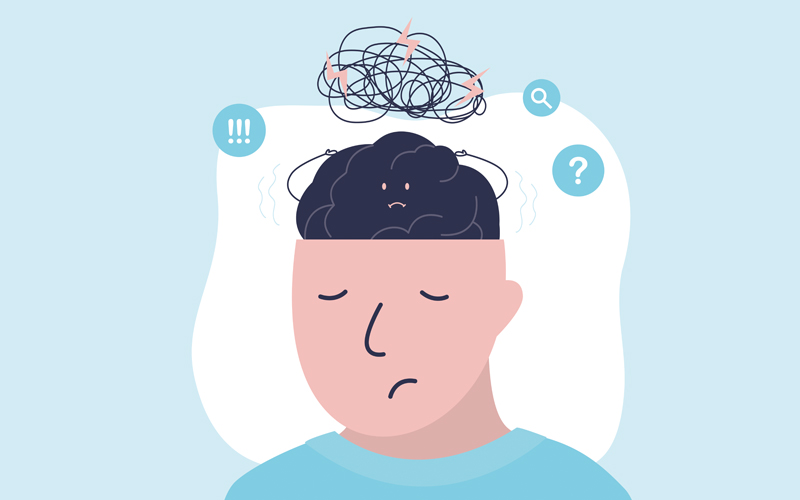 Eine comicartige Darstellung einer Person mit Depressionen, bei der eine schwarze Wolke sowie Grübeln symbolisierende Icons über dem Kopf schweben.